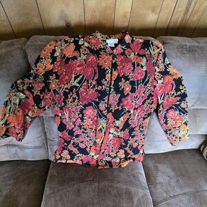 Floral Button-Front Jacket in Black with Red & Orange Blooms